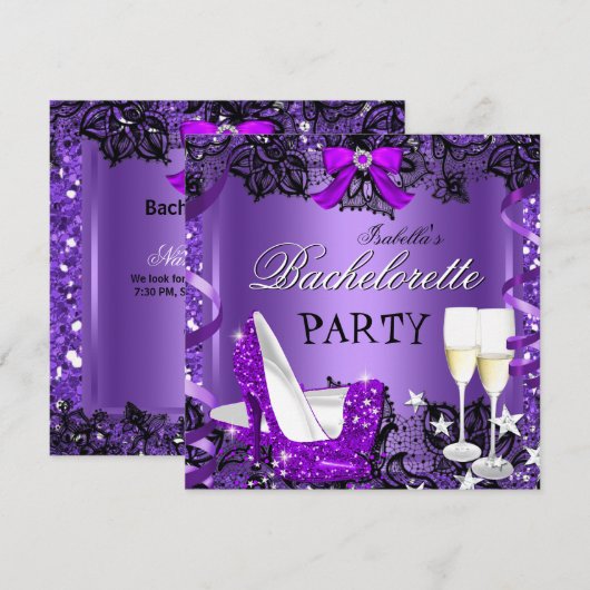 Invitation Dentelle violet à haut talon de Bachelorette Champ (Devant / Derrière)
