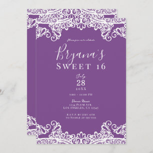 Invitation Dentelle violette & blanche Élégante Douce 16 Part