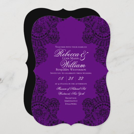 Invitation Dentelle violette et noire Élégant Mariage gothiqu (Devant / Derrière)