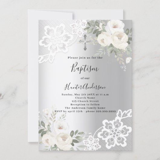 Invitation Dentelles blanches en argent Baptême (Devant)