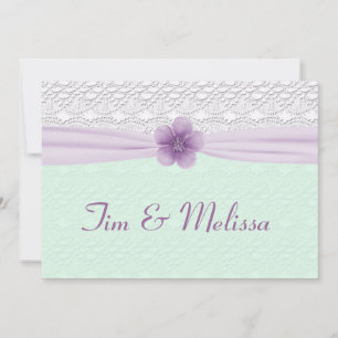 Invitation Dentelles et fleurs romantiques, Lavande et vert m