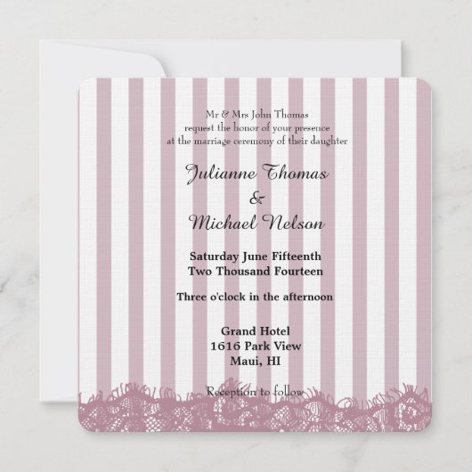 Invitation Dentelles et rayures roses Mariage (Devant)