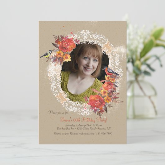 Invitation Dentelles, fleurs et oiseaux (Debout devant)