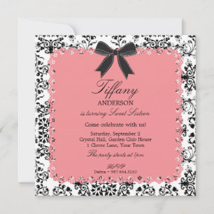Invitation Dentelles roses et Damas BW avec Bow Sweet 16