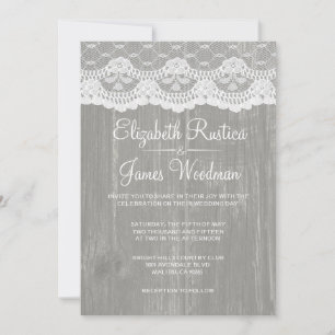 Invitation Dentelles rustiques grises et mariage en bois de g