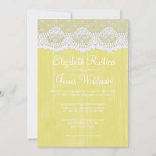 Invitation Dentelles rustiques jaunes et mariage en bois de g