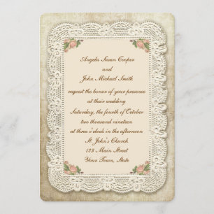 Invitation Dentelles Vintages, Roses et Mariage damassé