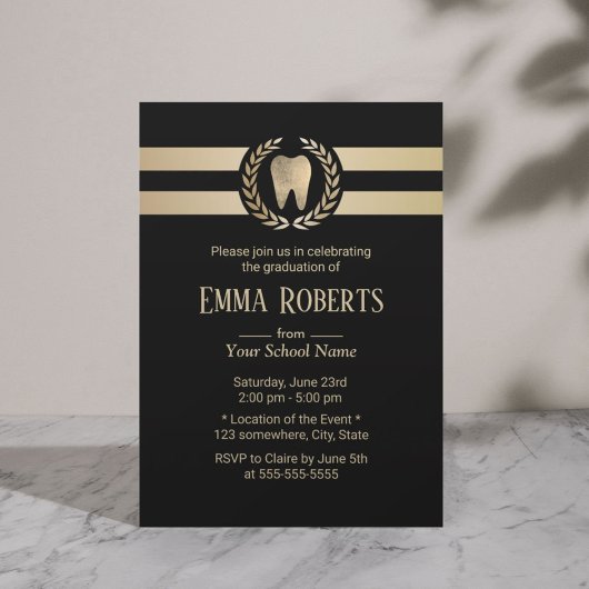Invitation Dentist Dental School Moderne Black Gold Graduatio