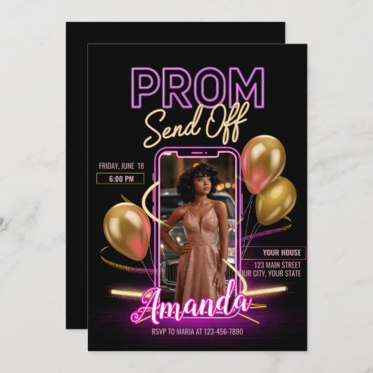 Invitation Départ de bal moderne néon noir et rose (Devant / Derrière)