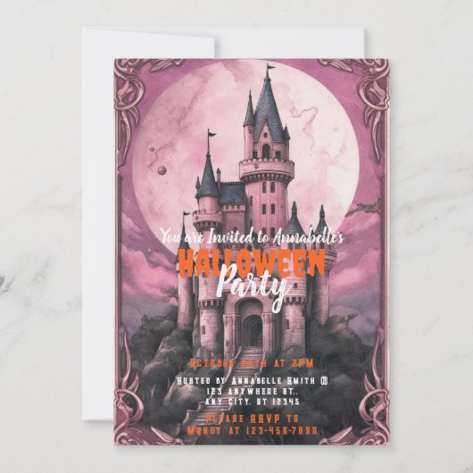 Invitation Déplaisant Castle Pleine lune Pink Sky Halloween P (Devant)
