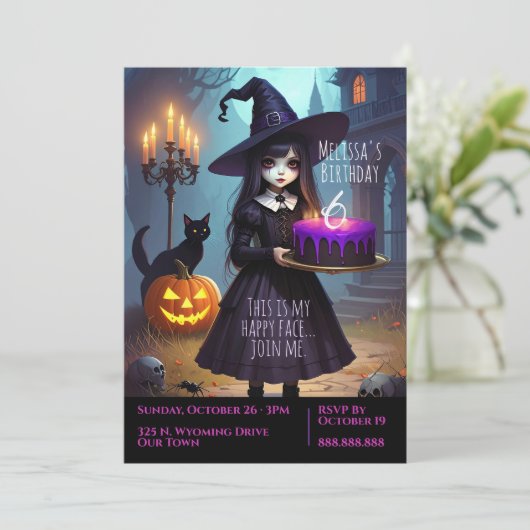Invitation Déplaisant mignon, sorcière violette Anniversaire, (Debout devant)