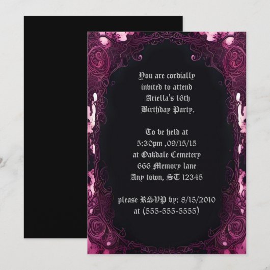 Invitation Déplaisant rose encadré noir miroir doux 16 Annive (Devant / Derrière)