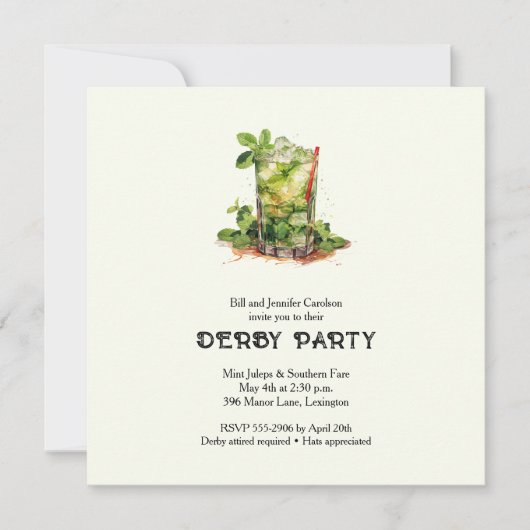 Invitation Derby au Julep à la Menthe à l'Aquarelle (Devant)
