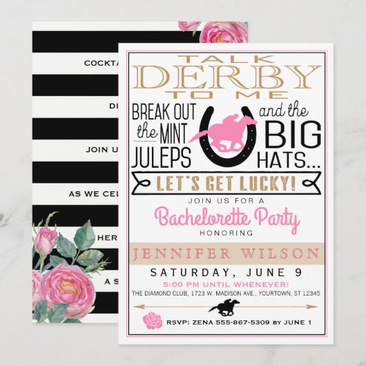 Invitation Derby Bachelorette Party Roses noires/or/roses (Devant / Derrière)