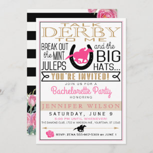 Invitation Derby Bachelorette Roses Noir/Or/Rose Personnalisé
