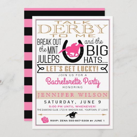 Invitation Derby Girly/Bachelorette Party Rose/Noir/Or (Devant / Derrière)