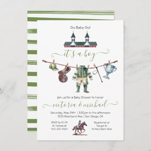 Invitation Derby Horse Racing Baby shower Clothesline (Devant / Derrière)