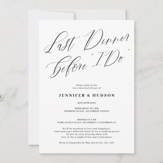 Invitation Dernier dîner noir blanc mariage (Devant)