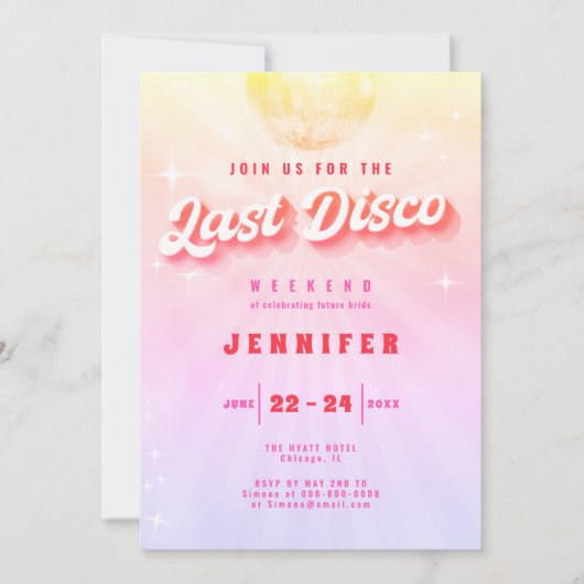 Invitation Dernier Disco Rainbow Retro Bachelorette Week-end (Devant)