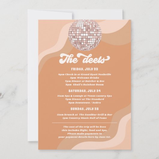 Invitation Dernier Disco Retro 70 Bachelorette Week-end Itiné (Dos)