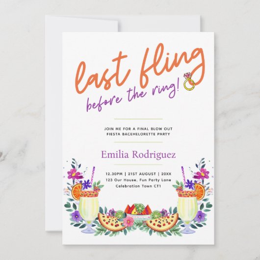 Invitation Dernier Fling Fiesta Cocktails Tacos Bachelorette (Devant)