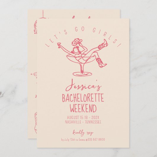 Invitation Dernier rodéo Bachelorette Week-end Funky dessiné  (Devant / Derrière)