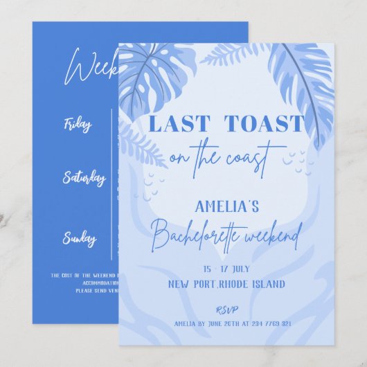 Invitation Dernier toast sur la côte Blue Bachelorette fête (Devant / Derrière)