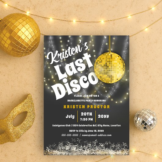 Invitation Dernière Disco Bash Bachelorette Party Glam Gold
