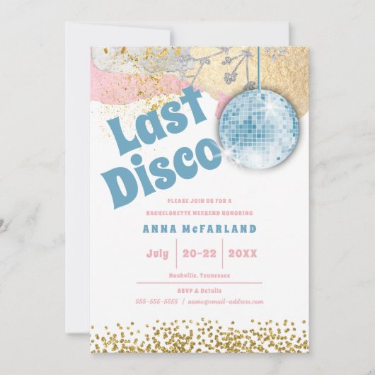 Invitation Dernière Disco Rétro Glam Bachelorette Bleu Or ros (Devant)
