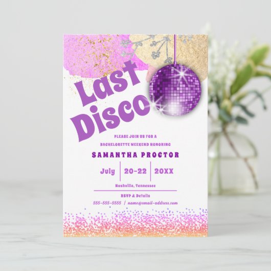 Invitation Dernière Disco Rétro Glam Purple Gold Bachelorette (Debout devant)