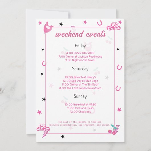 Invitation Dernière Disco Rose Bachelorette Week-end Itinérai (Dos)