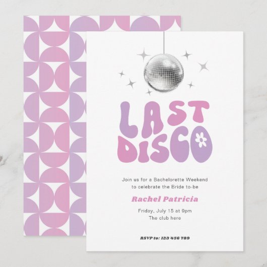 Invitation dernière discothèque rose violet, soirée bachelore (Devant / Derrière)
