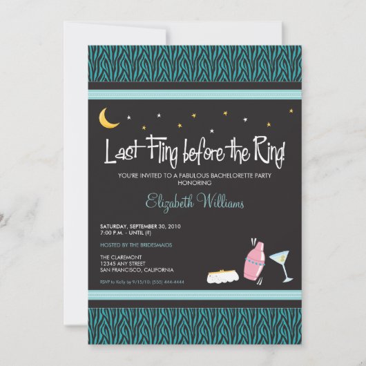 Invitation Dernière Fling Zebra Bachelorette (aqua (Devant)
