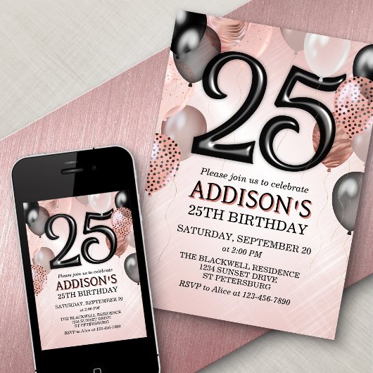 Invitation des 25e Anniversaires Roses Ballons d'o