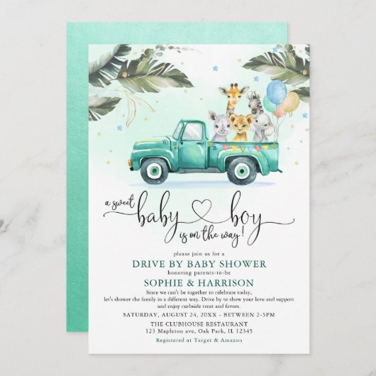Invitation Des animaux Safari vertes traversent le Baby showe (Devant / Derrière)