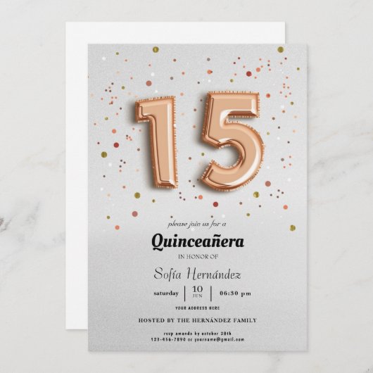 Invitation des ballons à huile Quinceañera (Devant / Derrière)