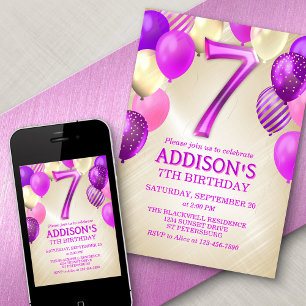 Invitation des ballons roses du 7e anniversaire
