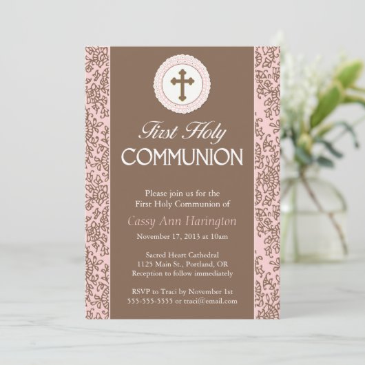 Invitation des Feuilles rose Communion (Debout devant)