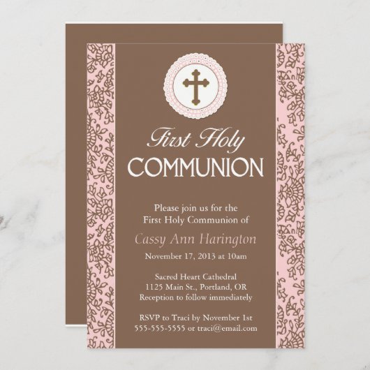 Invitation des Feuilles rose Communion (Devant / Derrière)