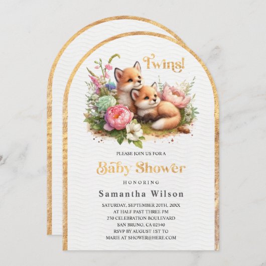 Invitation Des jumeaux ! Bébé mignon Renard Baby shower de pr (Devant / Derrière)