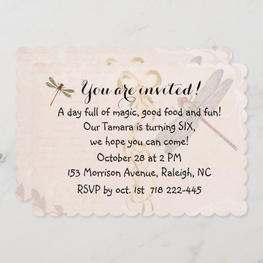 Invitation des libellules d'anniversaire (Devant / Derrière)