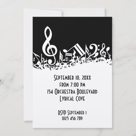 Invitation Des notes musicales blanches sur le noir (Dos)