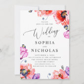 Invitation Des pavots. Aquarelle rouge mariage floral + code (Devant)