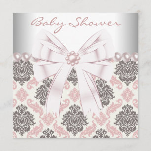 Invitation Des perles roses Pink Brown Damask Baby Girl Douch