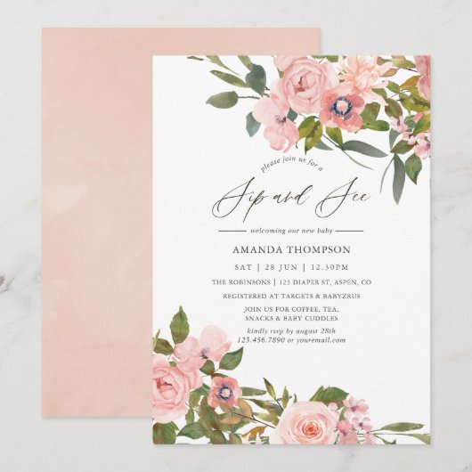 Invitation Des Roses en or rose et Rose sirotent et voient (Devant / Derrière)