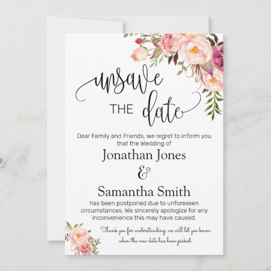 Invitation Désenregistrer les dates mariage date changer rose (Devant)