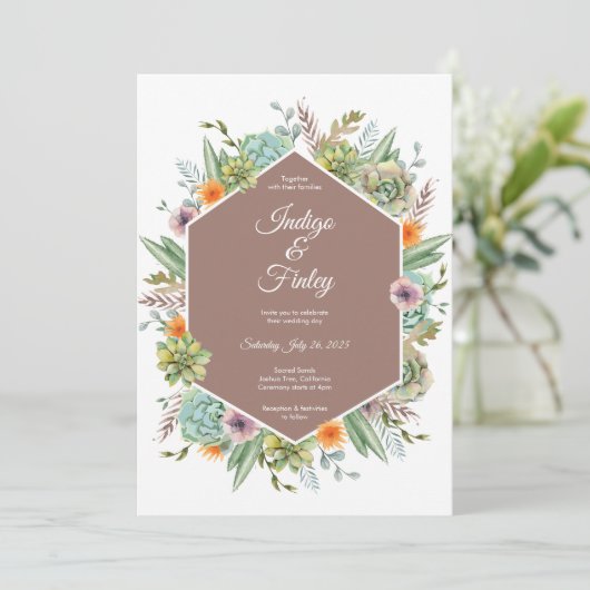Invitation Desert Boho Succulents Cactus Mariage (Debout devant)