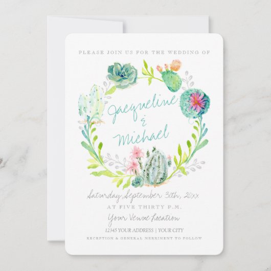 Invitation Desert Cactus Flower Wood Aquarelle w Détails (Devant)