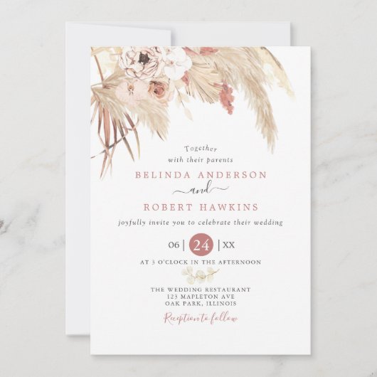 Invitation Desert Dusty Rose Boho Pampas Mariage en herbe (Devant)