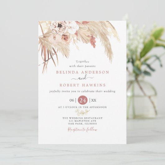 Invitation Desert Dusty Rose Boho Pampas Mariage en herbe (Debout devant)